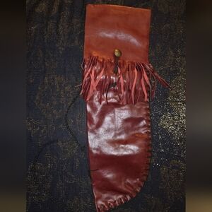 Handcrafted Red And Leather Fringed Flute Bag